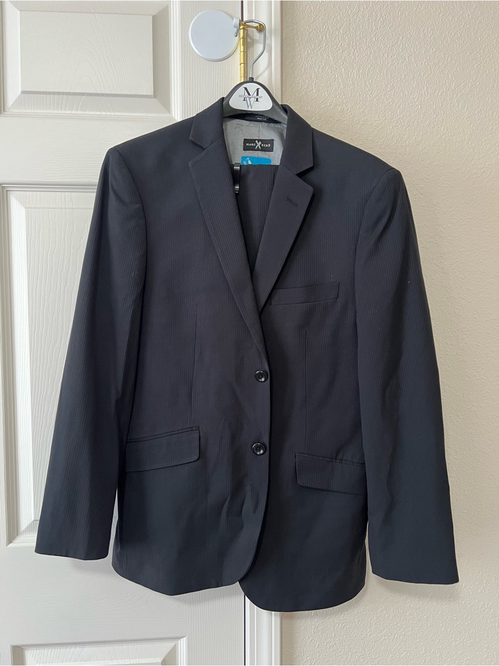 Marc Ecko Multitask Two Piece Black Pinstripe Suit Jacket 38S Pants 32W